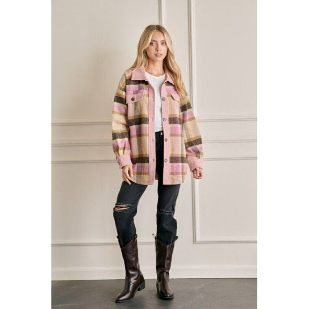 SALE! GeeGee Clothing Pink Plaid Button Up Shirt Jacket Shacket Mauve SJ1798 - Picture 5 of 5